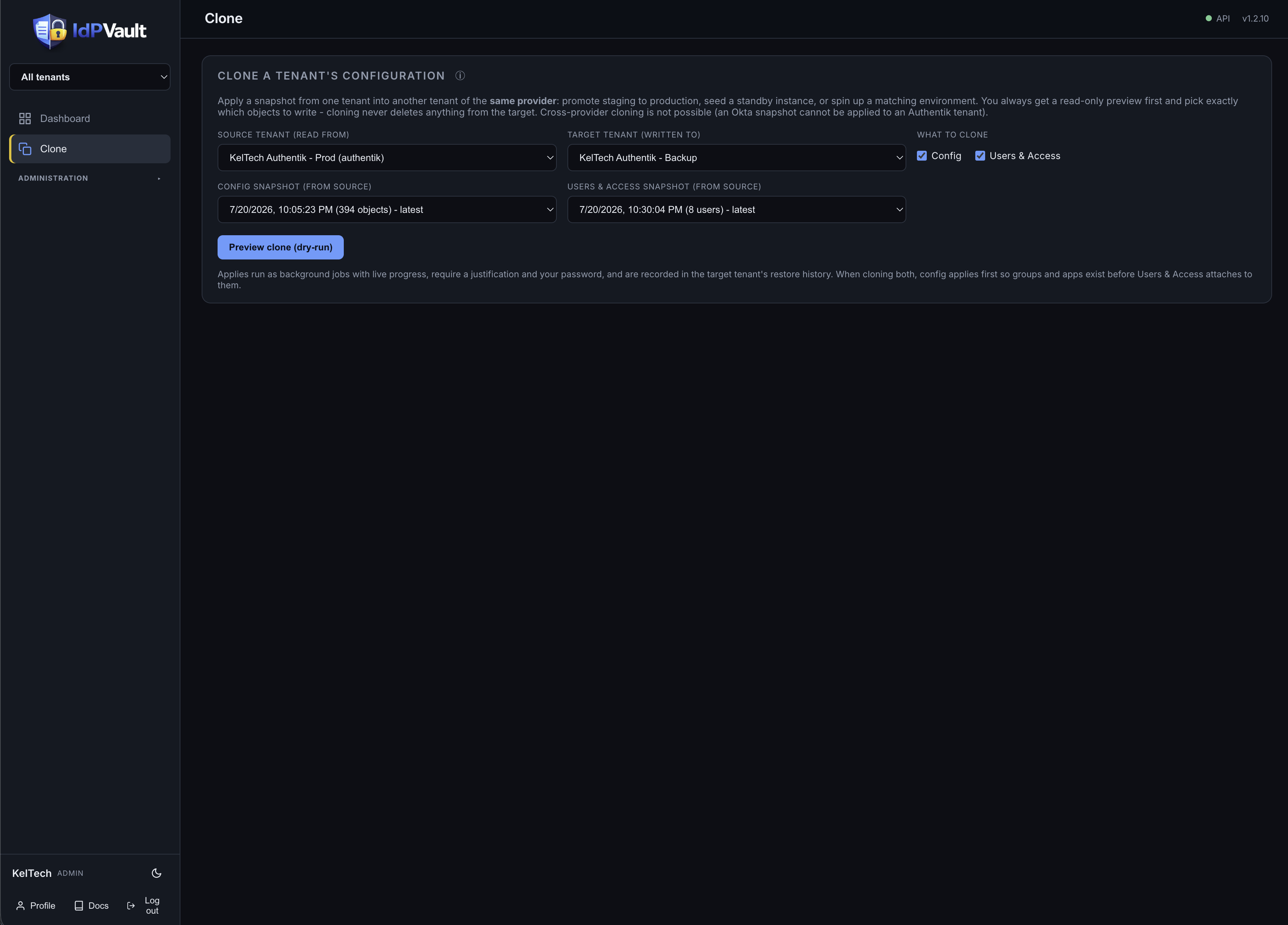 Clone a tenant's configuration in IdPVault